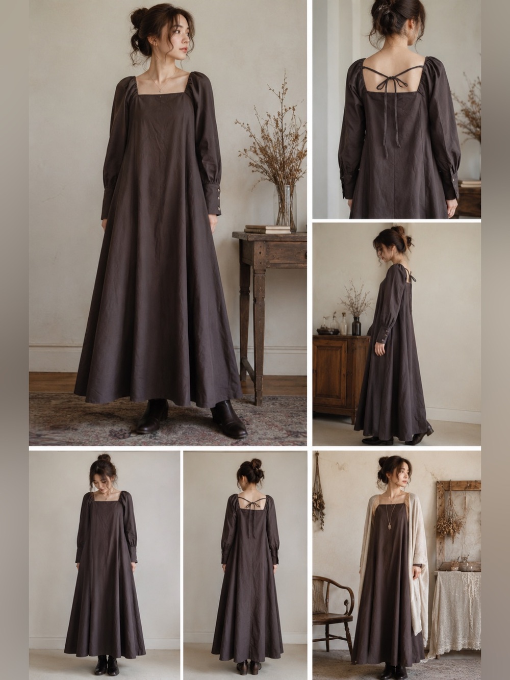 Japanese Prairie Maxi Dress US XL-2X Linen Blend Cottagecore Brown Dress